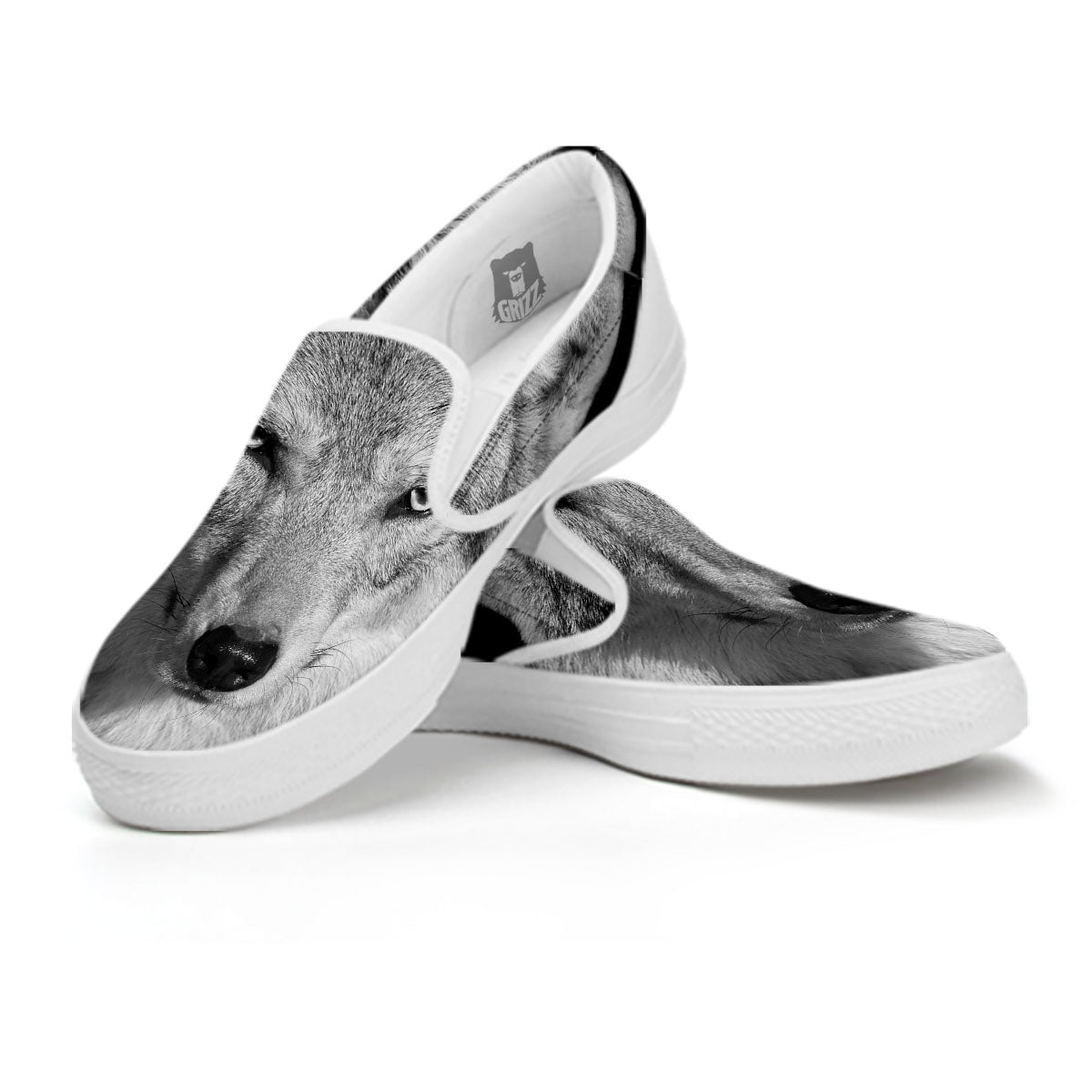 Wolf Monochrome Print White Slip On Shoes-grizzshop