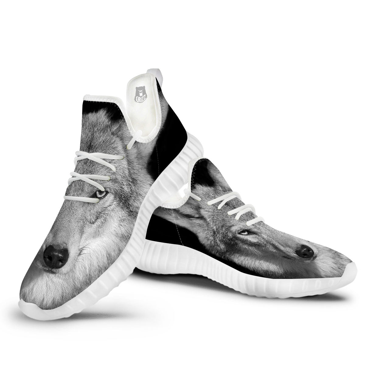 Wolf Monochrome Print White Walking Shoes-grizzshop