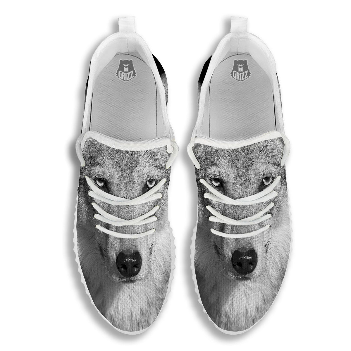 Wolf Monochrome Print White Walking Shoes-grizzshop