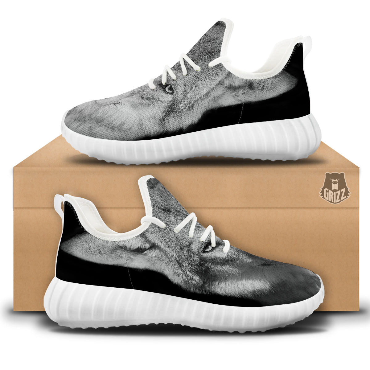 Wolf Monochrome Print White Walking Shoes-grizzshop