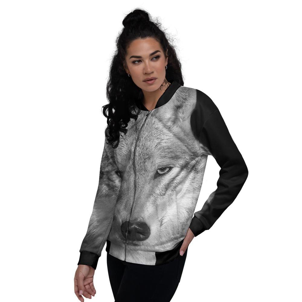 Wolf Monochrome Print Women's Bomber Jacket-grizzshop