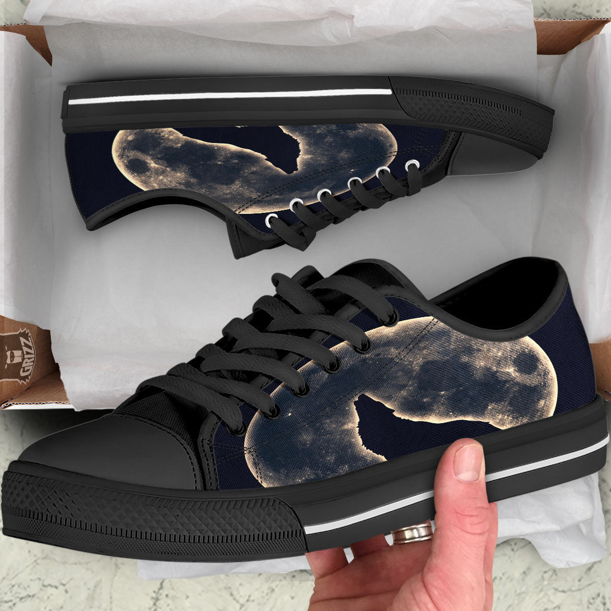 Wolf Moonlight Print Black Low Top Shoes-grizzshop