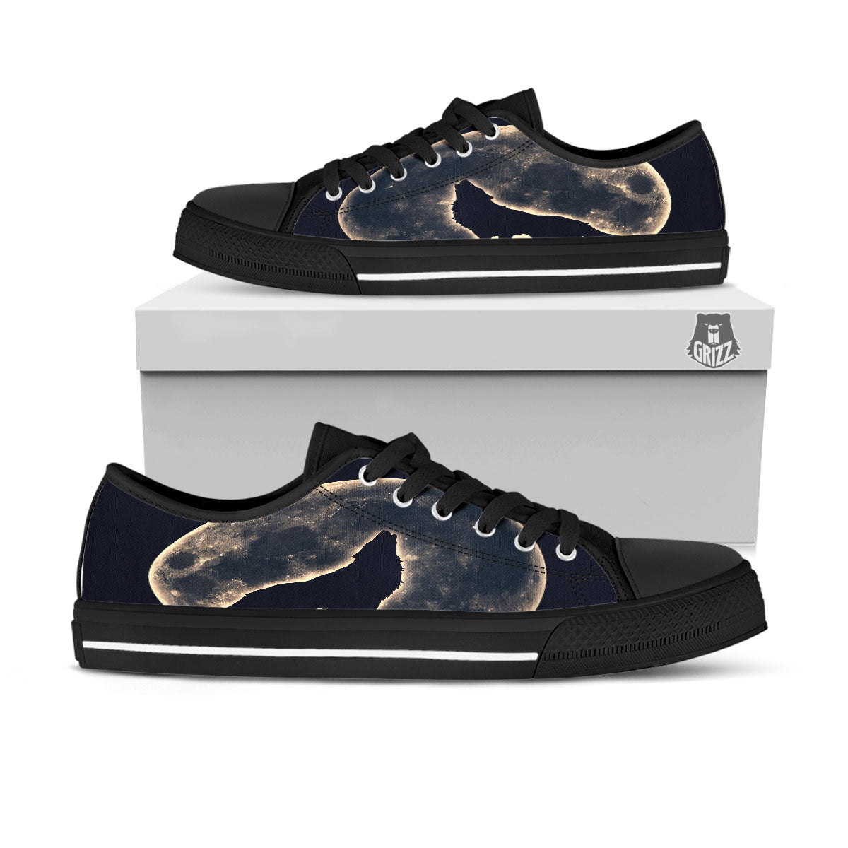 Wolf Moonlight Print Black Low Top Shoes-grizzshop