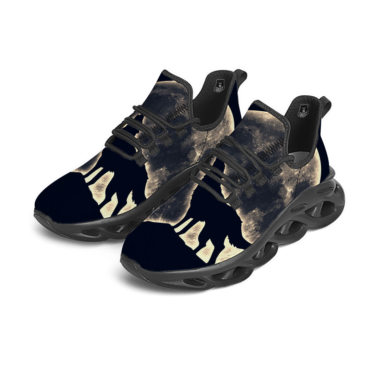 Wolf Moonlight Print Black Running Shoes-grizzshop