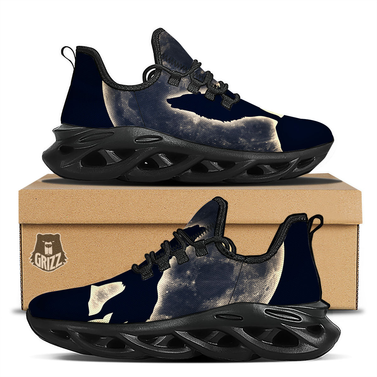 Wolf Moonlight Print Black Running Shoes-grizzshop