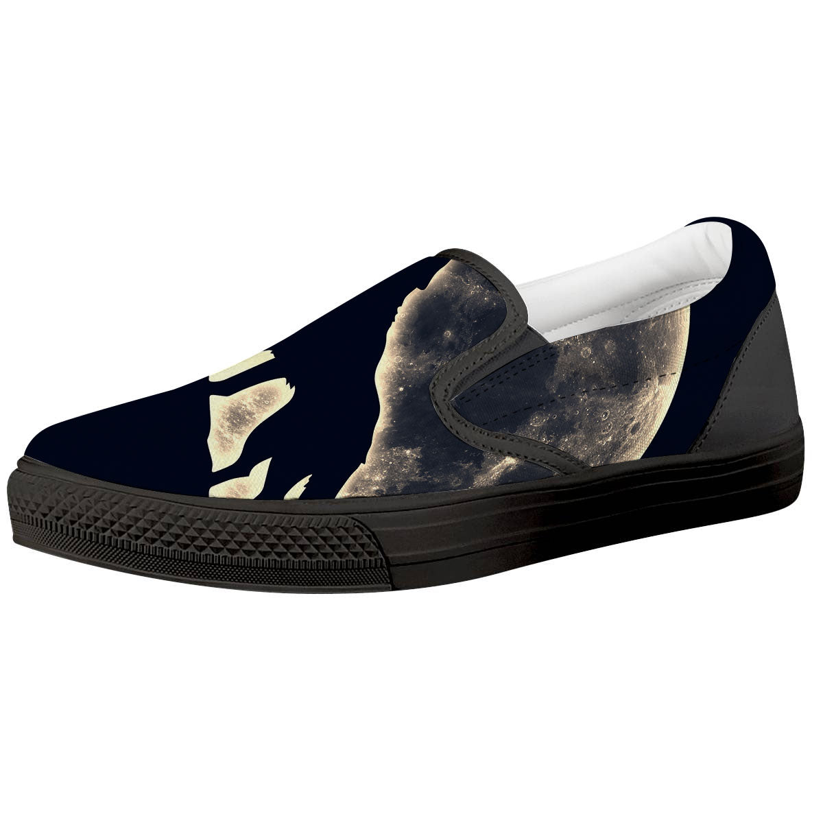 Wolf Moonlight Print Black Slip On Shoes-grizzshop