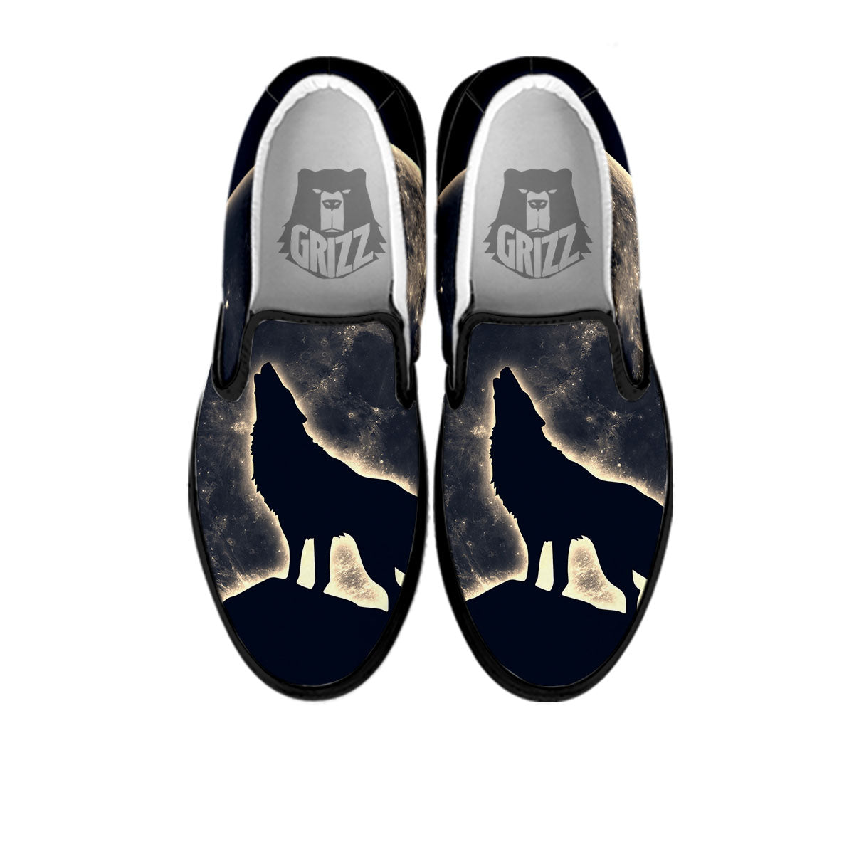 Wolf Moonlight Print Black Slip On Shoes-grizzshop