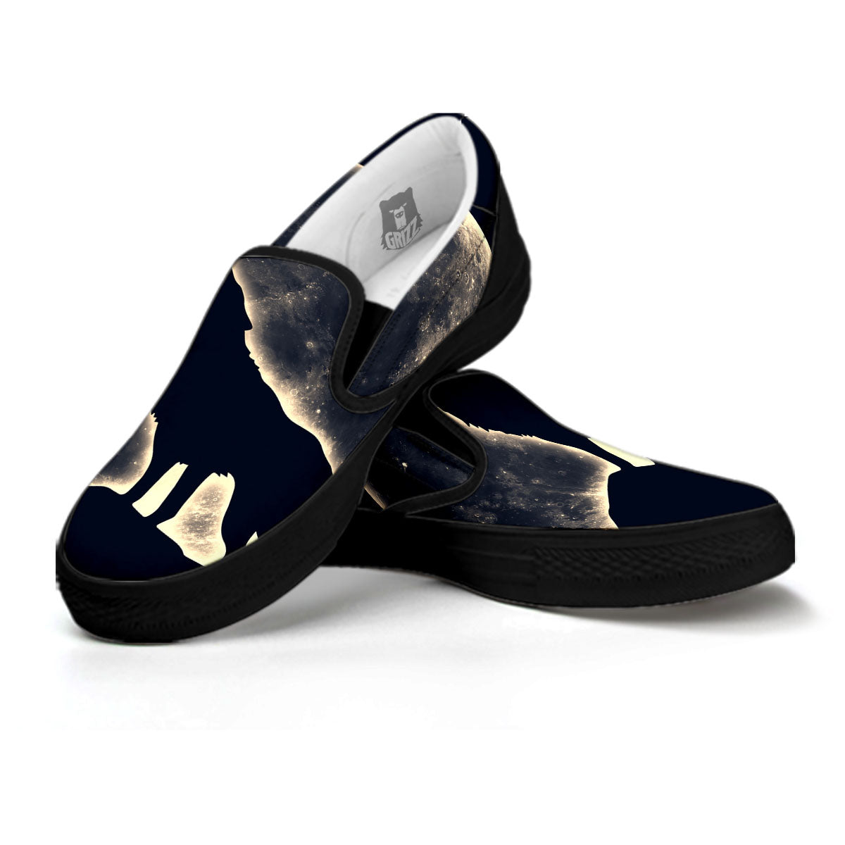 Wolf Moonlight Print Black Slip On Shoes-grizzshop