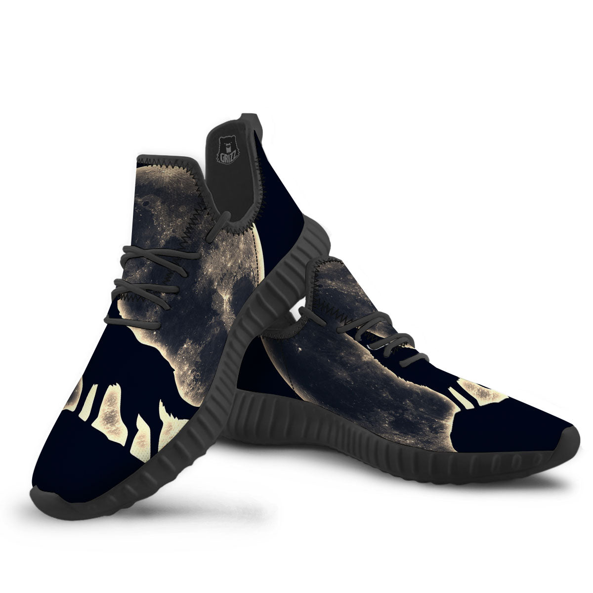 Wolf Moonlight Print Black Walking Shoes-grizzshop