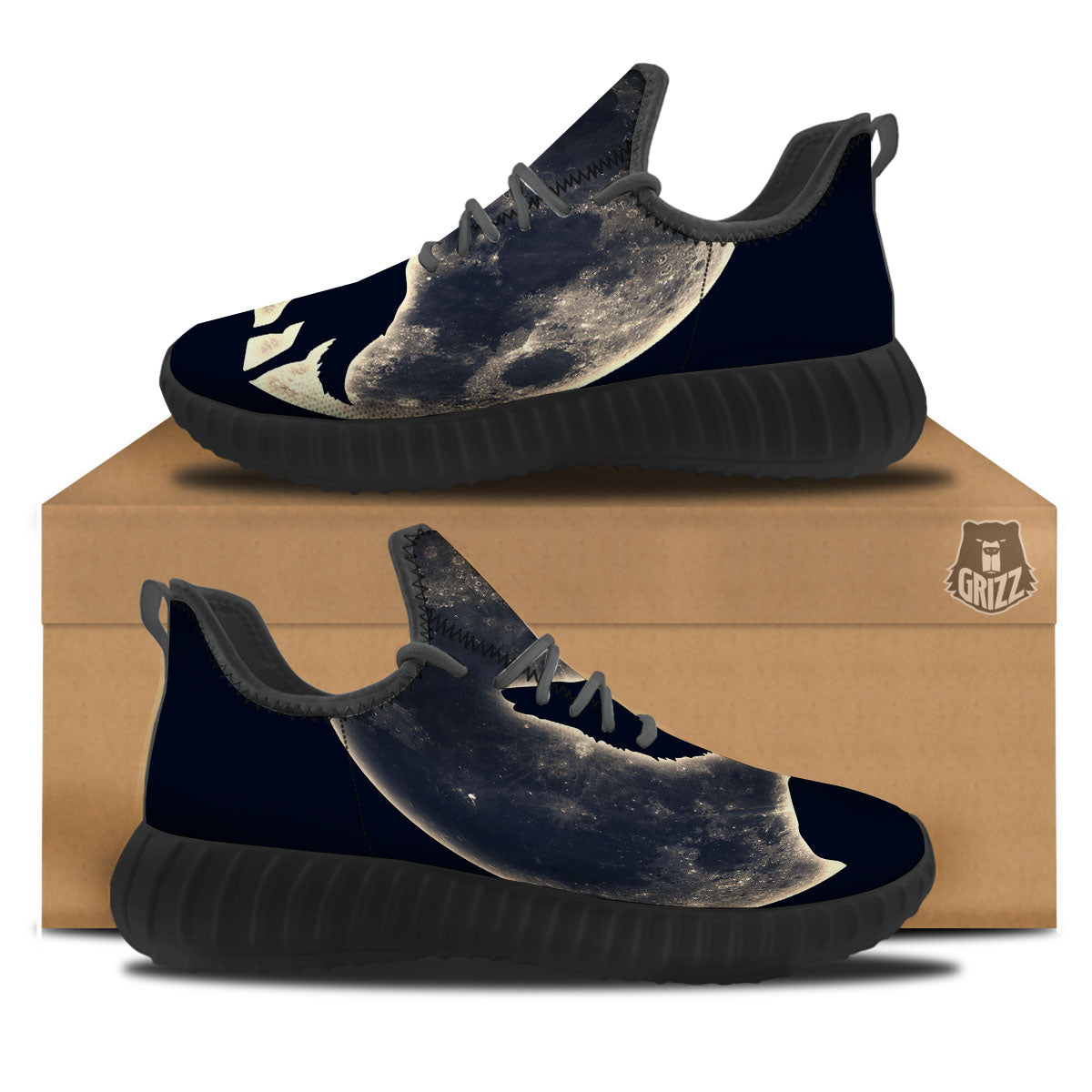 Wolf Moonlight Print Black Walking Shoes-grizzshop