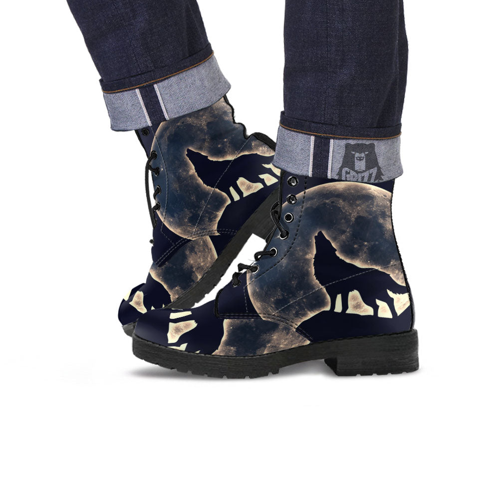 Wolf Moonlight Print Leather Boots-grizzshop