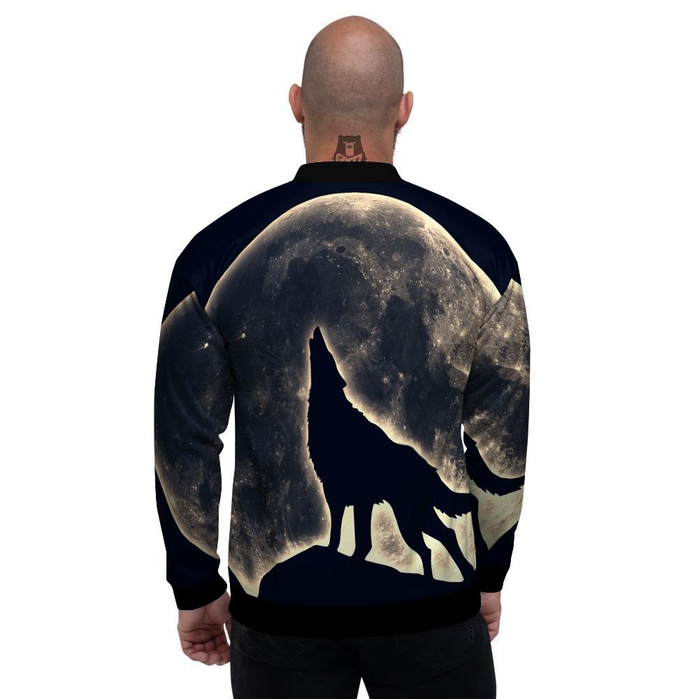 Wolf Moonlight Print Men's Bomber Jacket-grizzshop