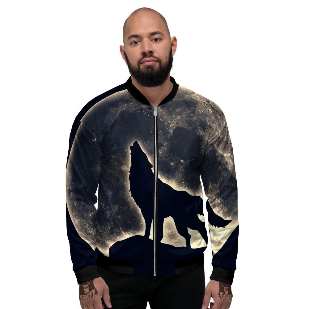 Wolf Moonlight Print Men's Bomber Jacket-grizzshop