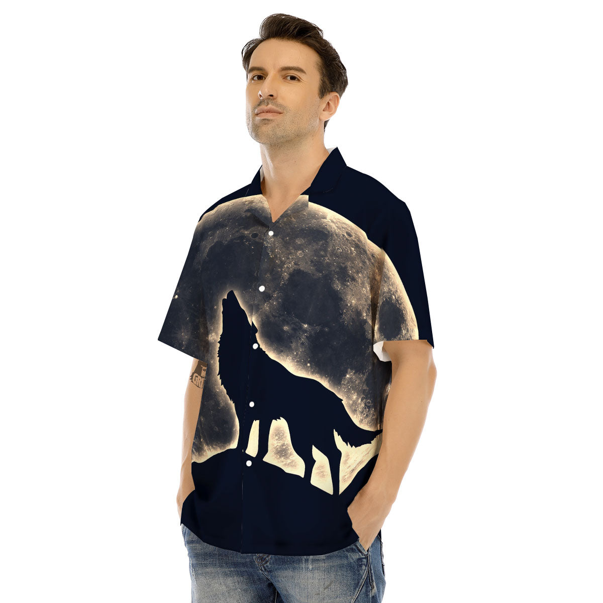 Wolf Moonlight Print Men's Hawaiian Shirt-grizzshop