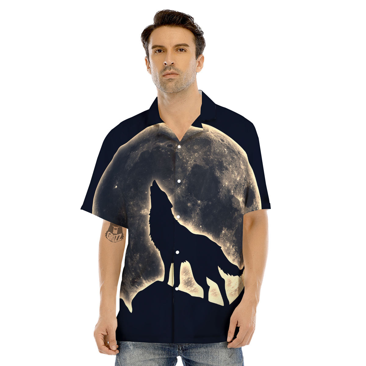 Wolf Moonlight Print Men's Hawaiian Shirt-grizzshop