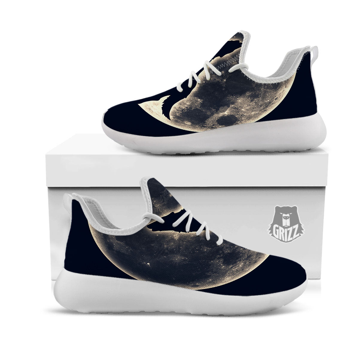 Wolf Moonlight Print White Athletic Shoes-grizzshop