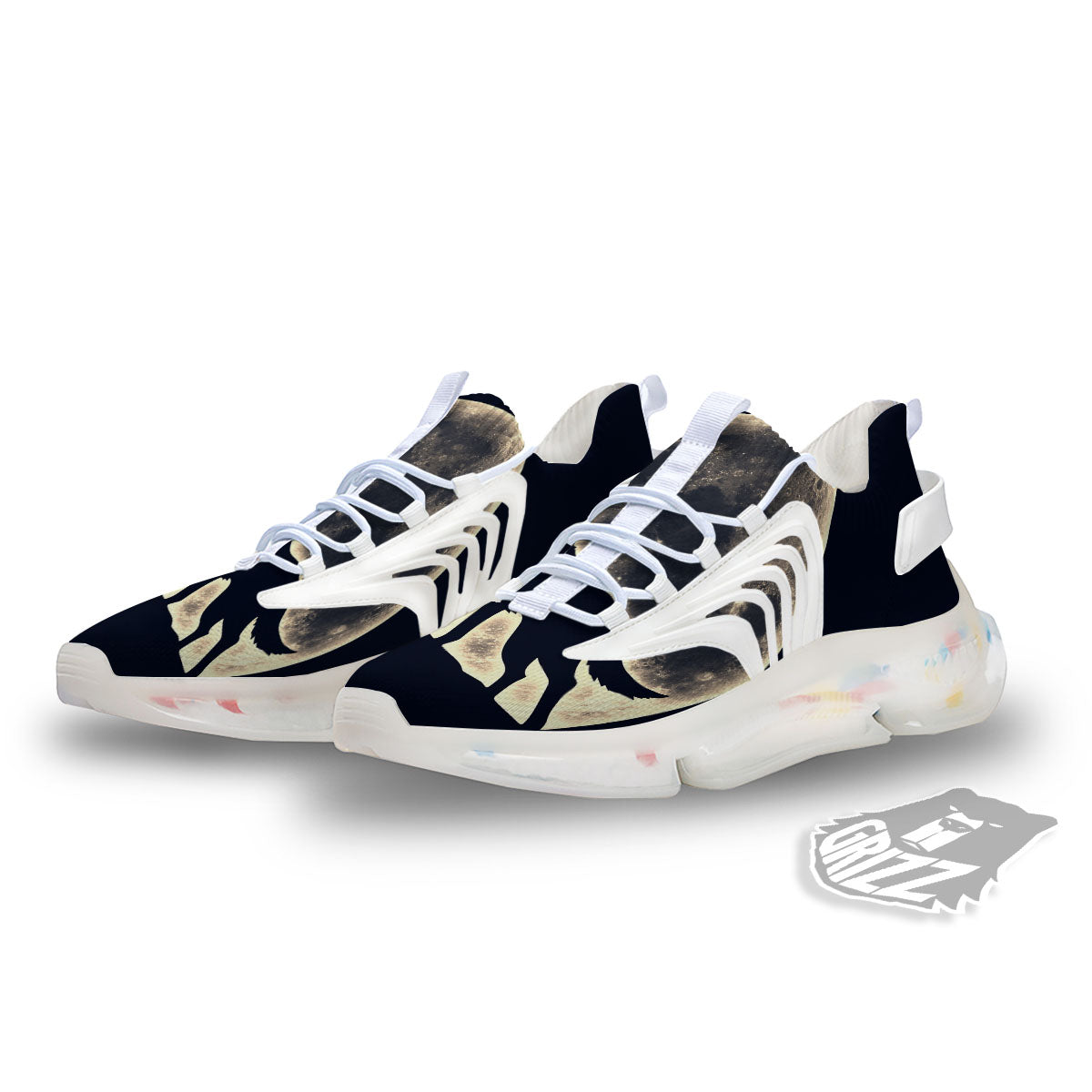 Wolf Moonlight Print White Gym Shoes-grizzshop