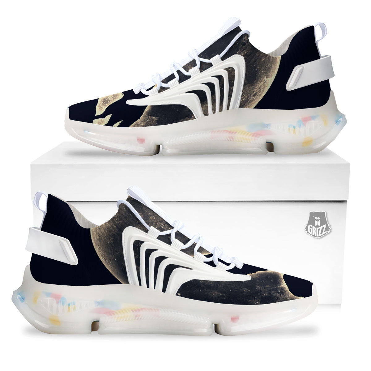Wolf Moonlight Print White Gym Shoes-grizzshop