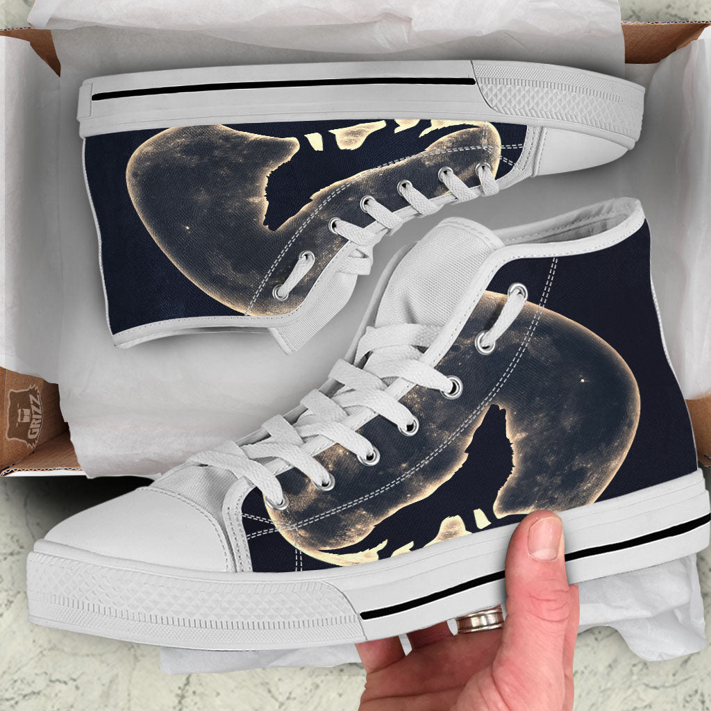 Wolf Moonlight Print White High Top Shoes-grizzshop