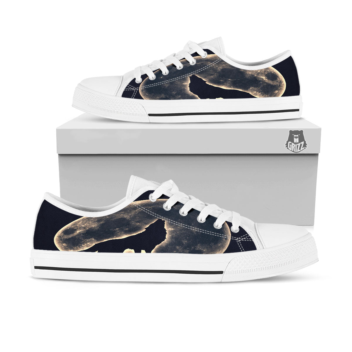 Wolf Moonlight Print White Low Top Shoes-grizzshop