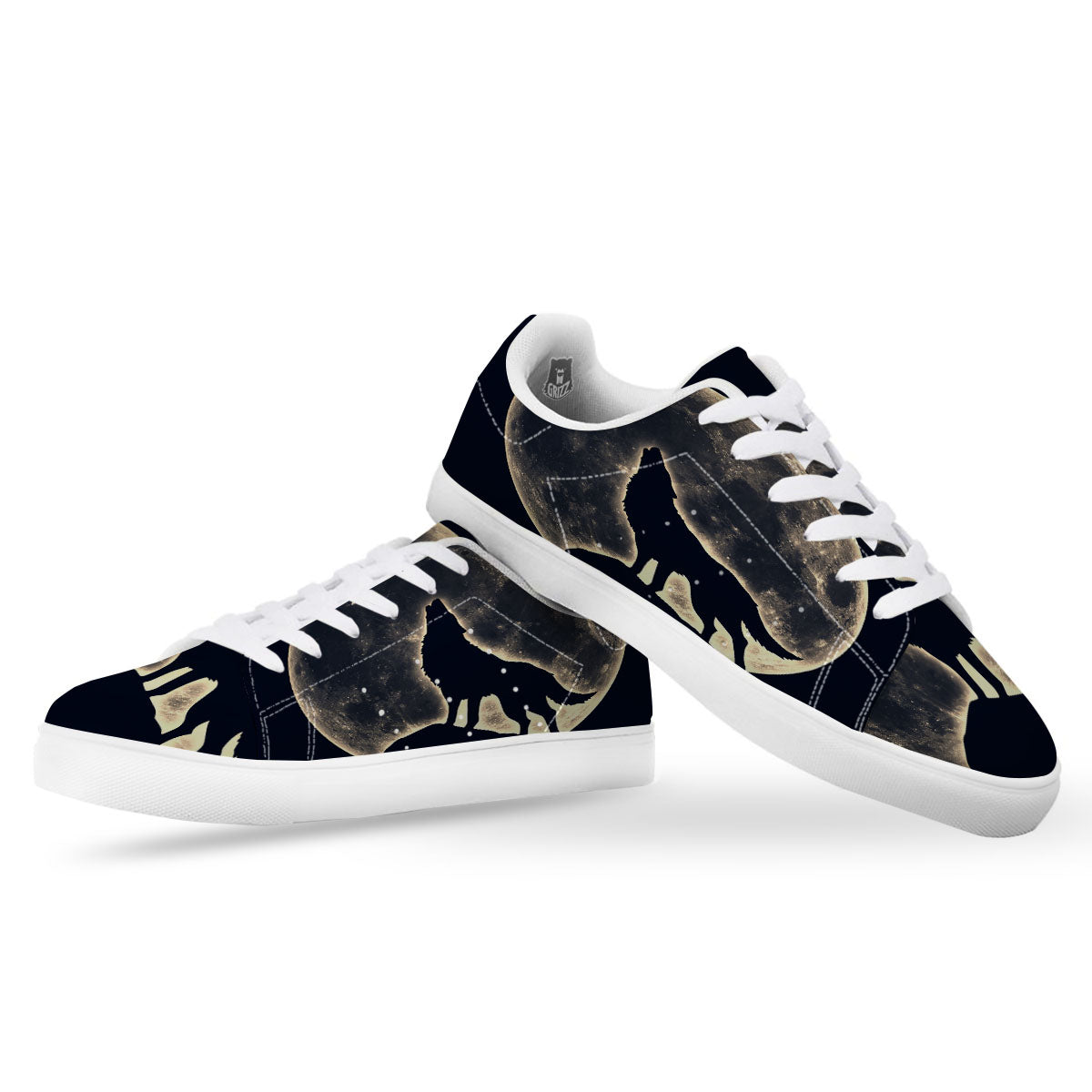 Wolf Moonlight Print White Low Top Sneakers-grizzshop