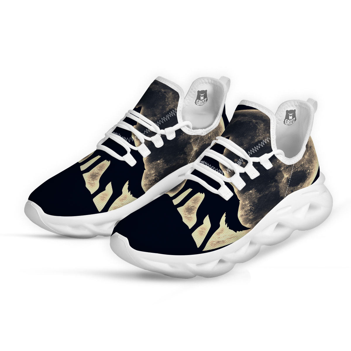 Wolf Moonlight Print White Running Shoes-grizzshop