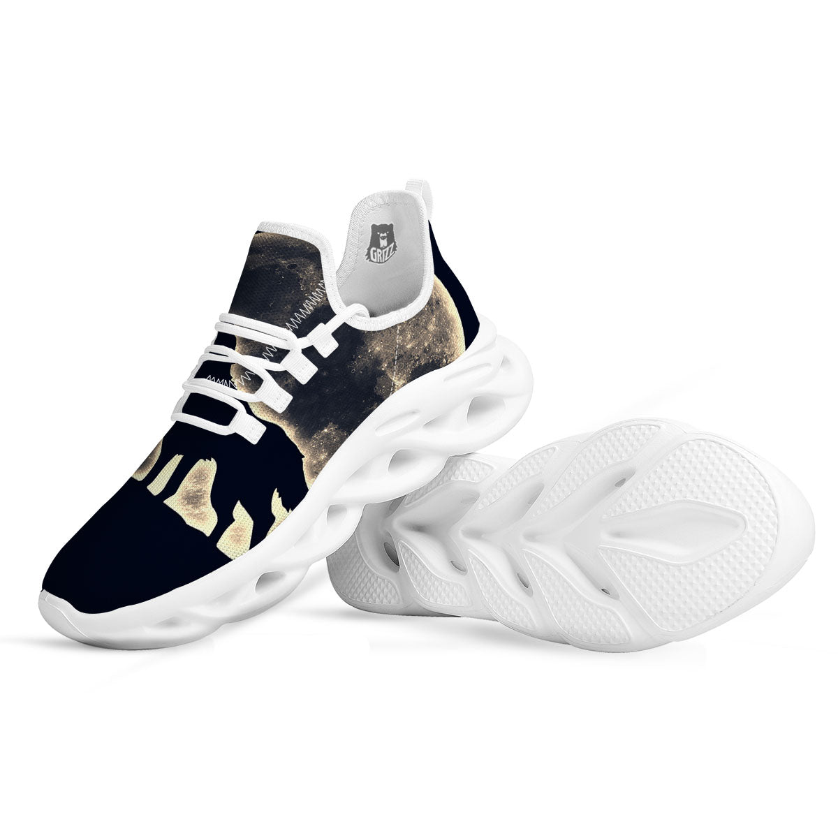 Wolf Moonlight Print White Running Shoes-grizzshop