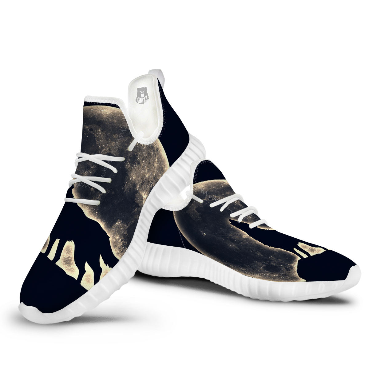 Wolf Moonlight Print White Walking Shoes-grizzshop