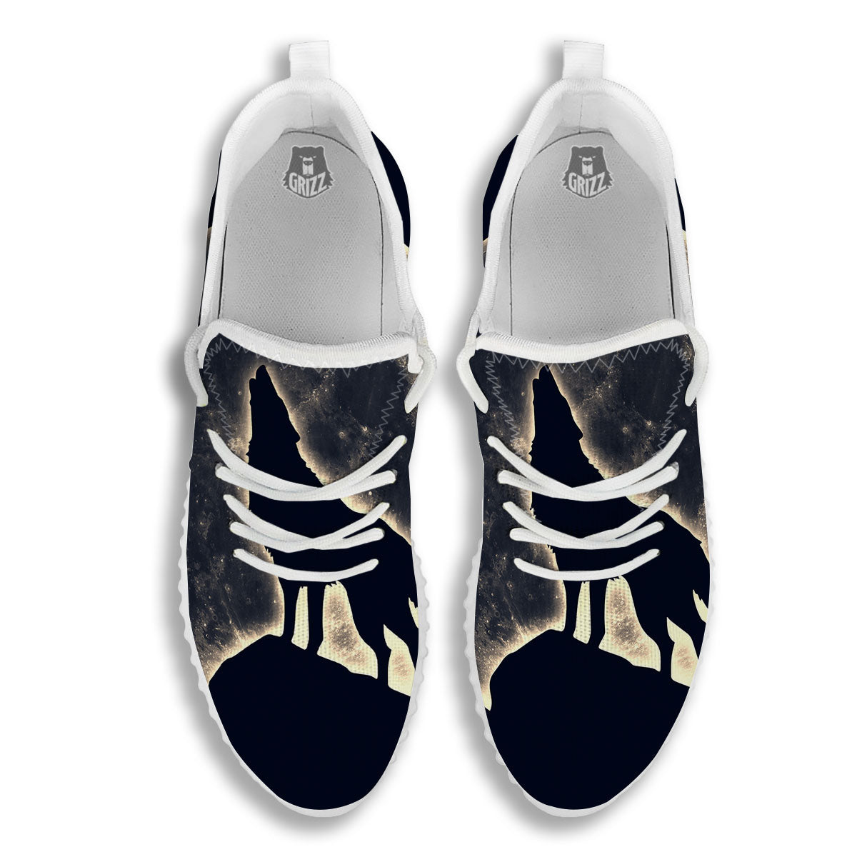 Wolf Moonlight Print White Walking Shoes-grizzshop