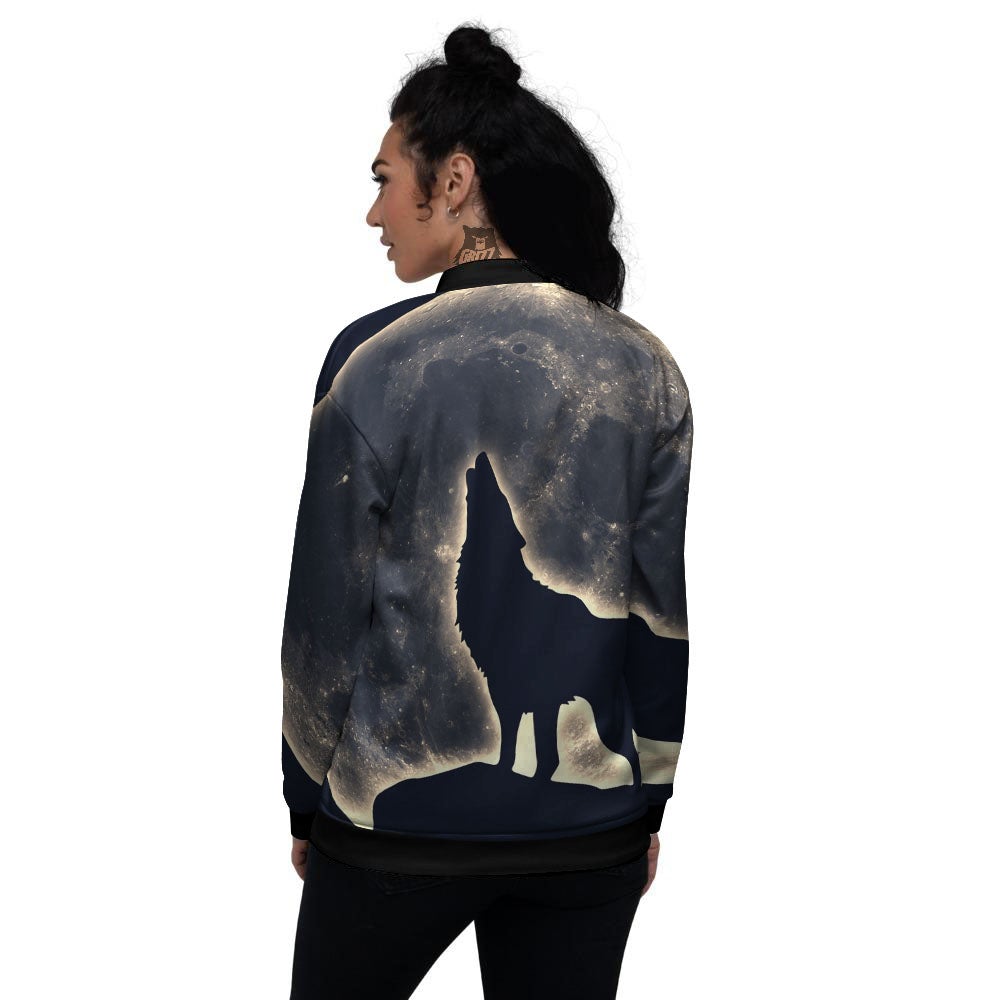 Wolf Moonlight Print Women's Bomber Jacket-grizzshop