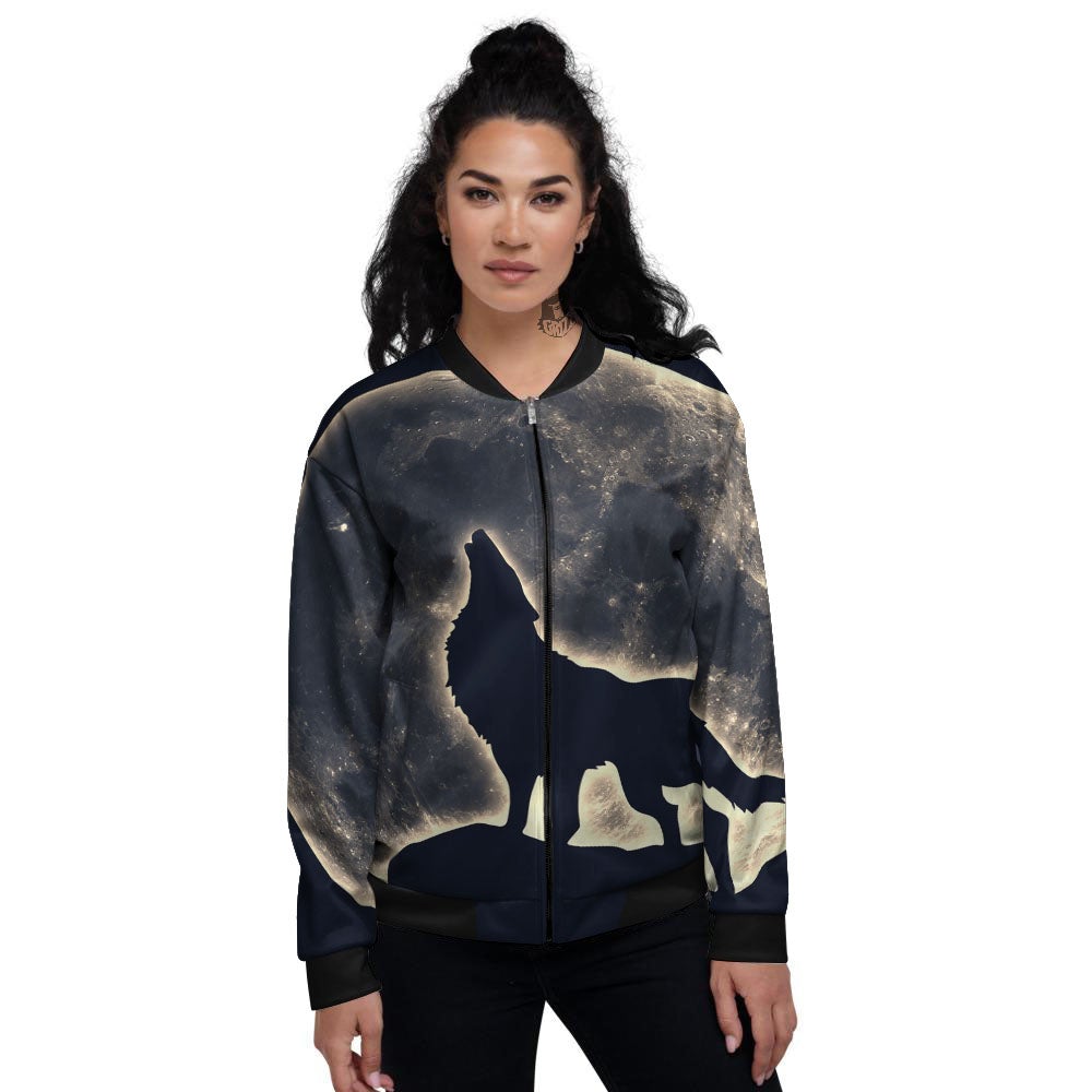 Wolf Moonlight Print Women's Bomber Jacket-grizzshop