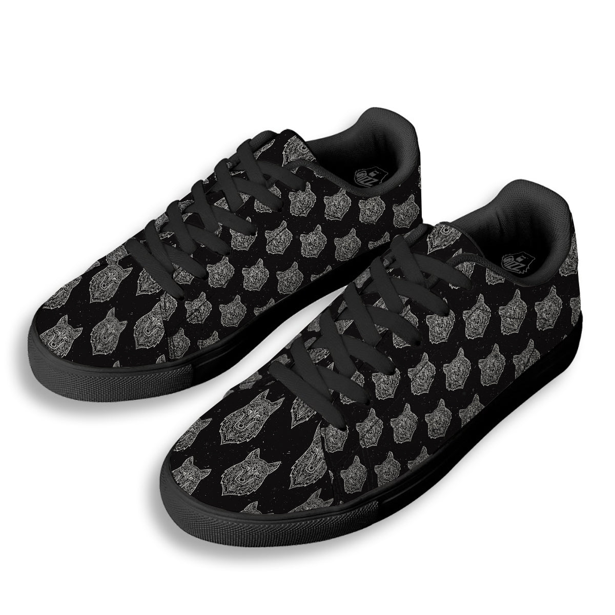 Wolf Native Tribal Print Pattern Black Low Top Sneakers-grizzshop