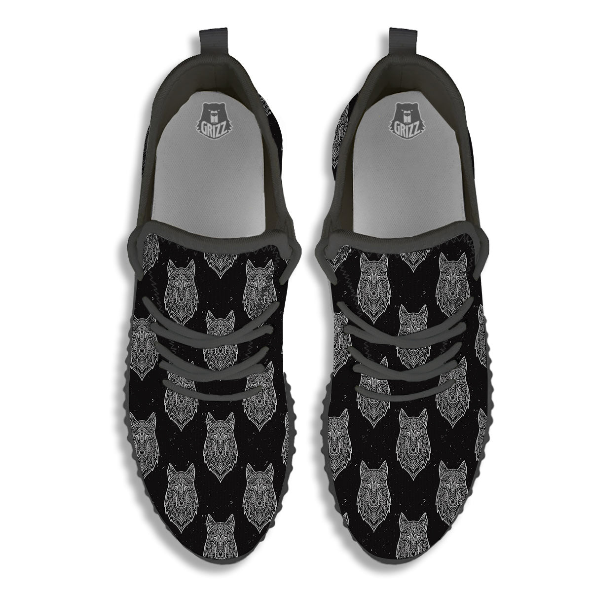 Wolf Native Tribal Print Pattern Black Walking Shoes-grizzshop