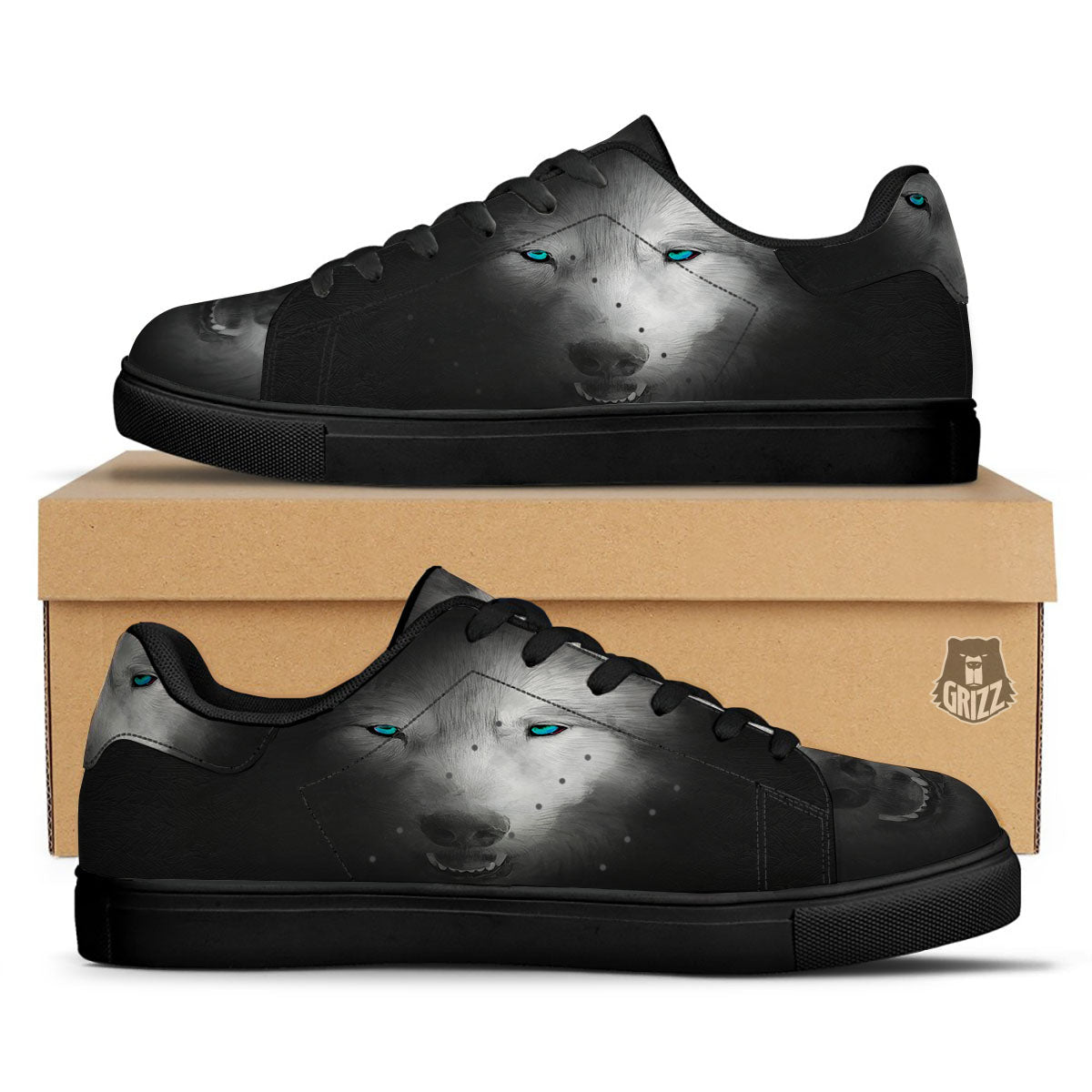 Wolf Painting Watercolor Print Black Low Top Sneakers-grizzshop