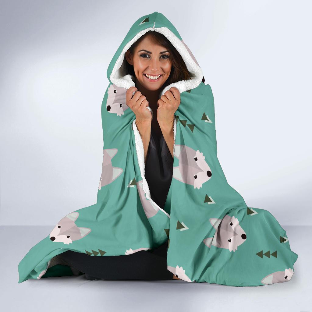 Wolf Pattern Print Hooded Blanket-grizzshop