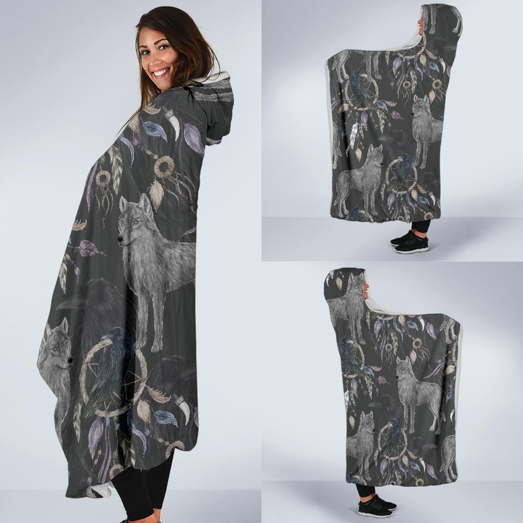 Wolf Print Pattern Hooded Blanket-grizzshop