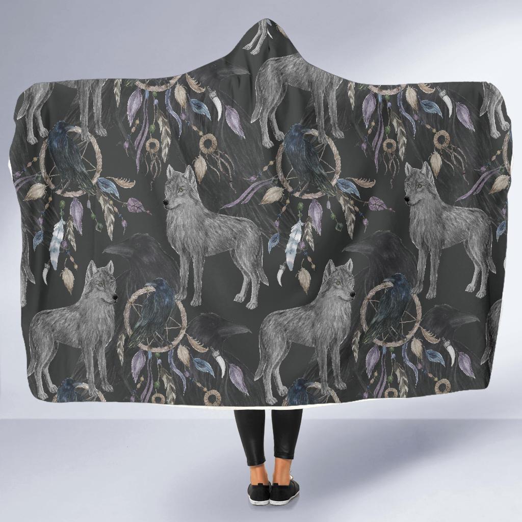 Wolf Print Pattern Hooded Blanket-grizzshop