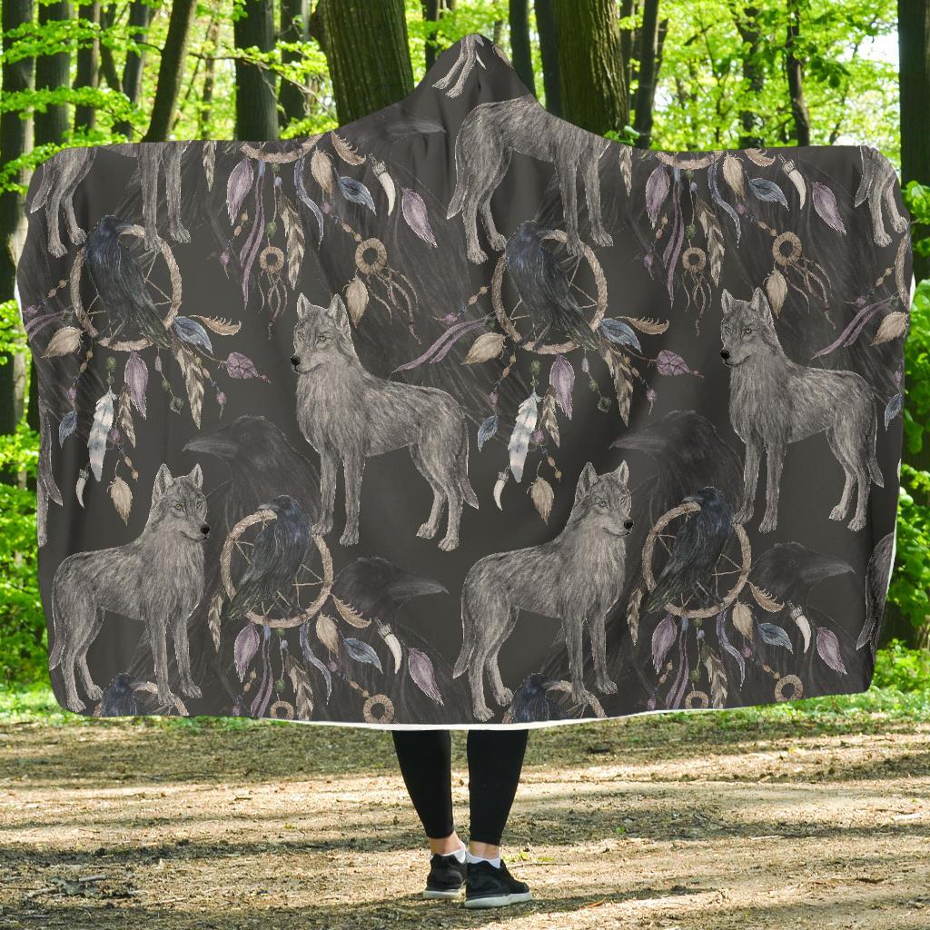 Wolf Print Pattern Hooded Blanket-grizzshop