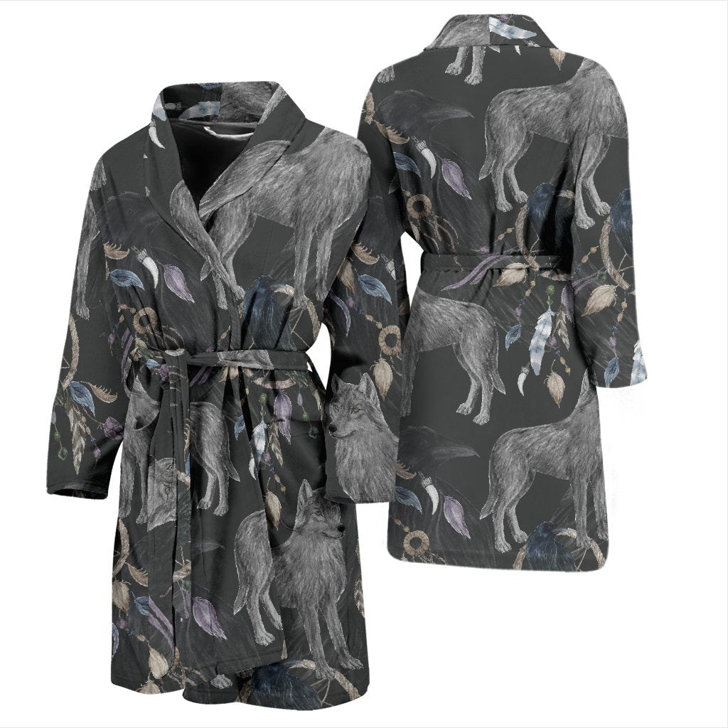 Wolf Print Pattern Men Long Robe-grizzshop