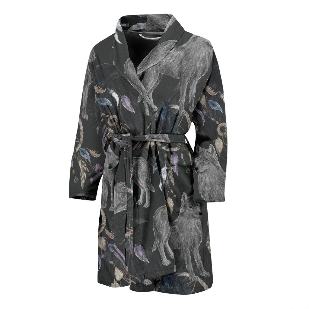 Wolf Print Pattern Men Long Robe-grizzshop