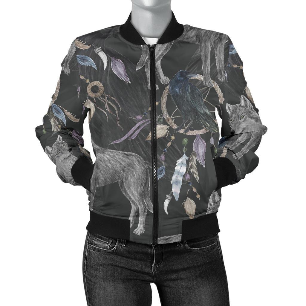 Wolf Print Pattern Women Casual Bomber Jacket-grizzshop