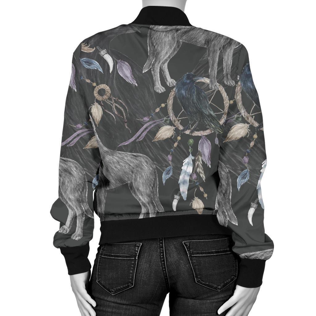 Wolf Print Pattern Women Casual Bomber Jacket-grizzshop