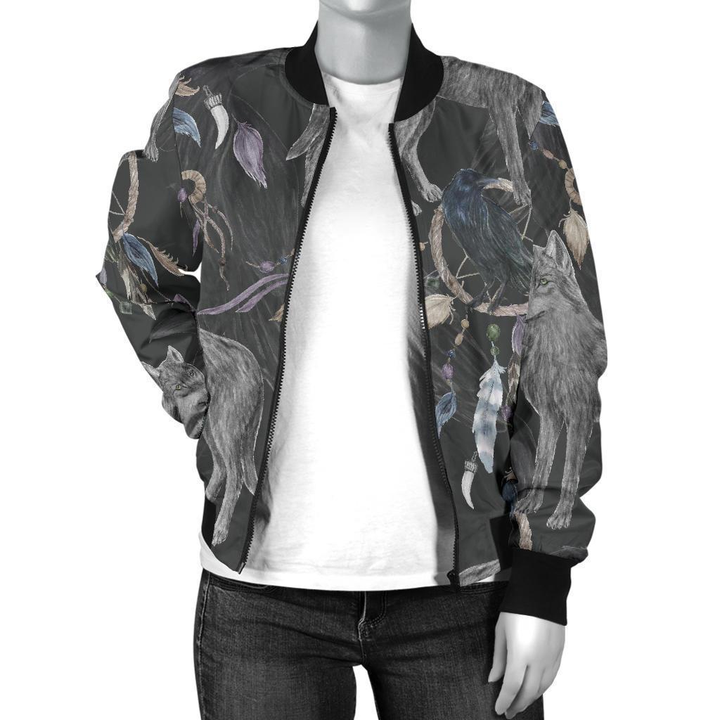 Wolf Print Pattern Women Casual Bomber Jacket-grizzshop