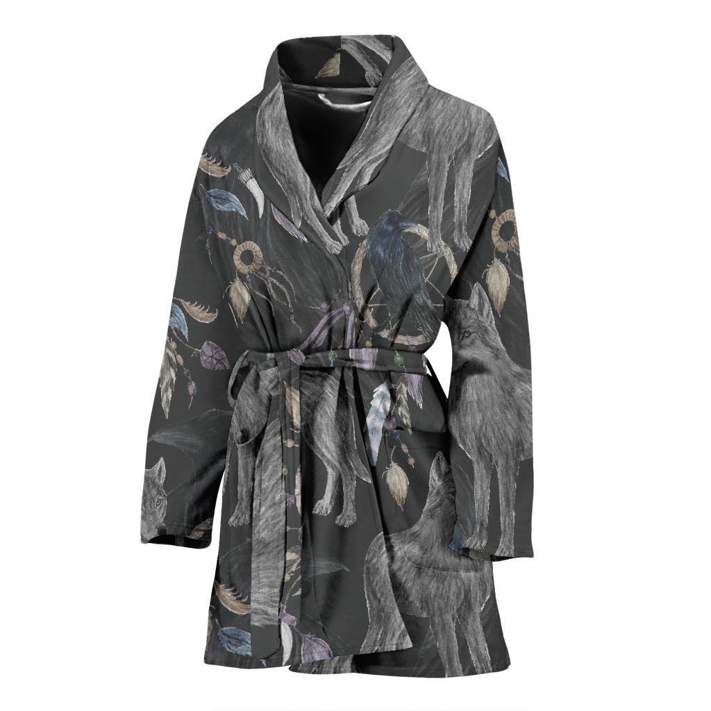 Wolf Print Pattern Women Long Robe-grizzshop