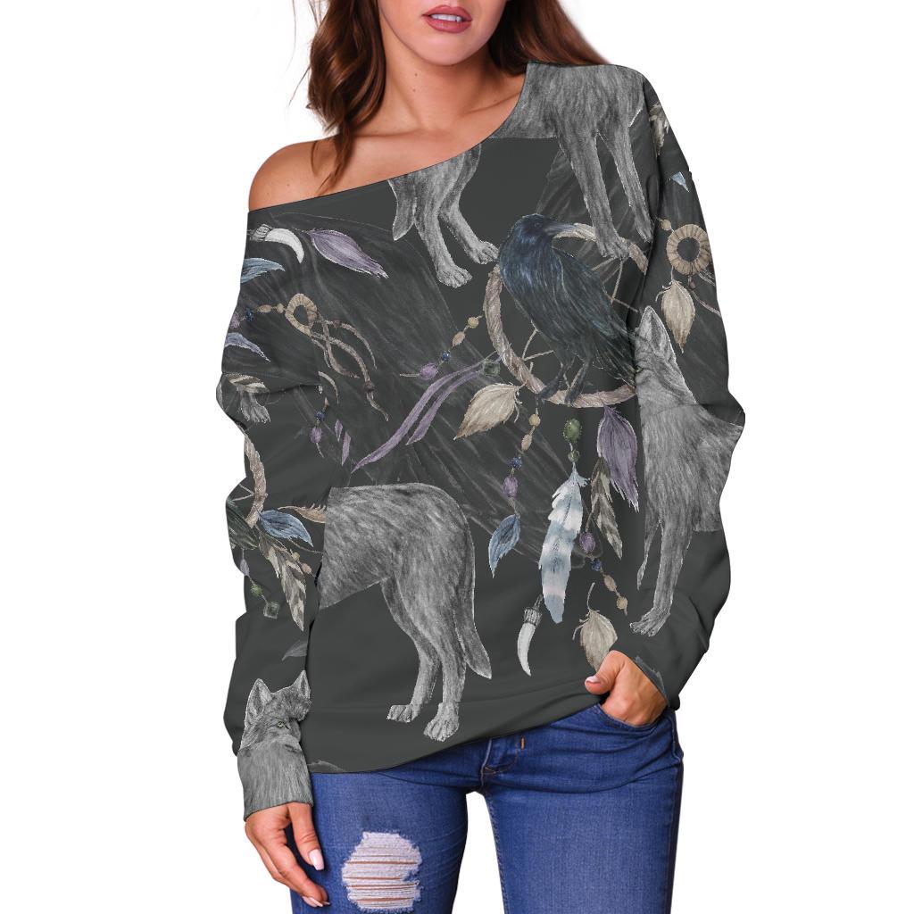 Wolf Print Pattern Women Off Shoulder Sweatshirt-grizzshop