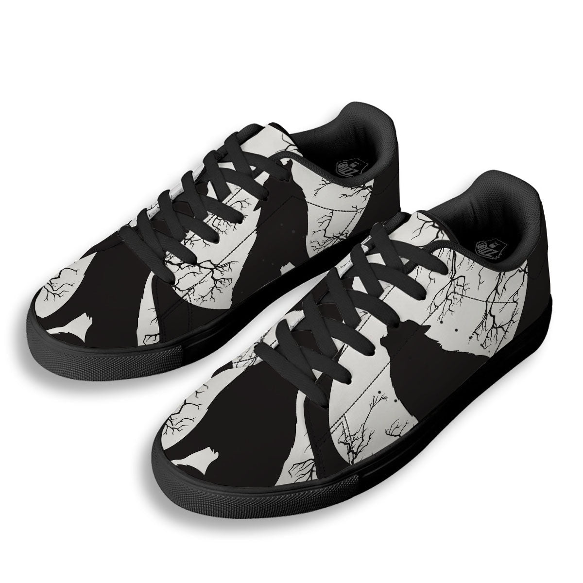 Wolf Spirit And Moon Print Black Low Top Sneakers-grizzshop