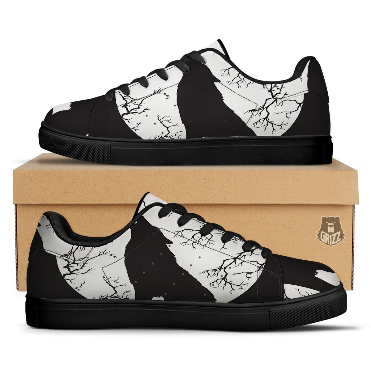 Wolf Spirit And Moon Print Black Low Top Sneakers-grizzshop