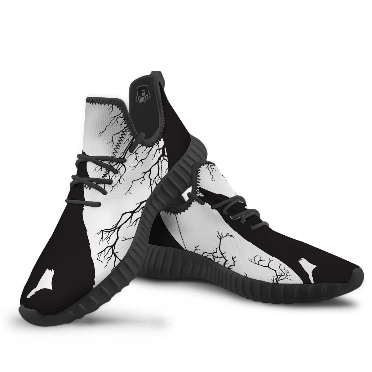 Wolf Spirit And Moon Print Black Walking Shoes-grizzshop
