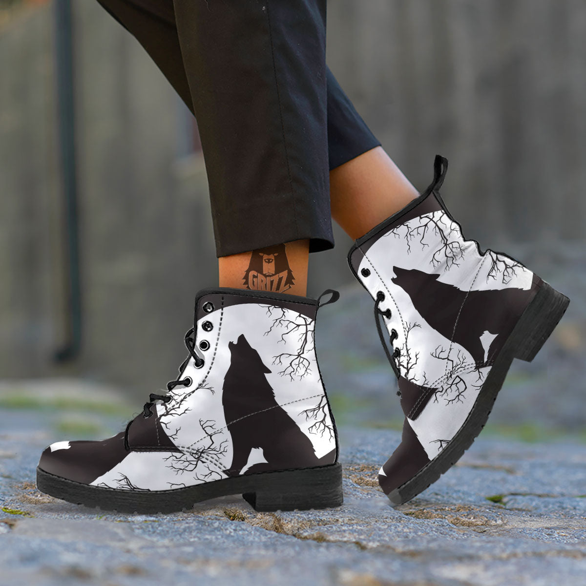 Wolf Spirit And Moon Print Leather Boots-grizzshop
