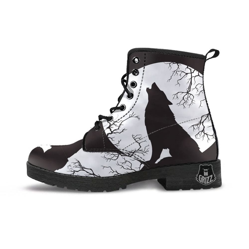 Wolf Spirit And Moon Print Leather Boots-grizzshop